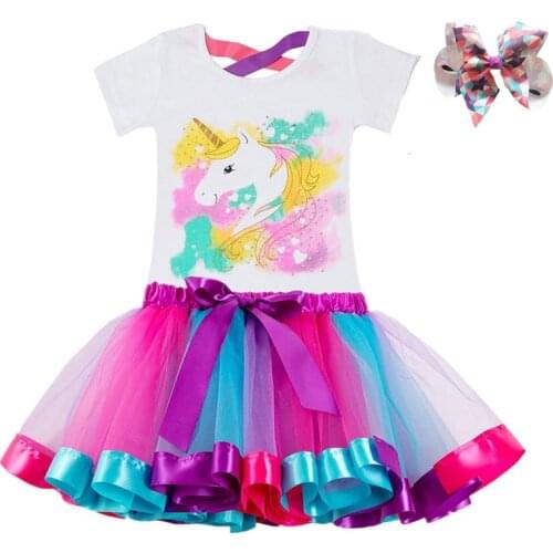 2021 Summer Children Clothing Set Rainbow Color Casual Unicorn Girl Bow Shorts Suit Clothing Set Kids Clothes Sets 3-8Year Girls
