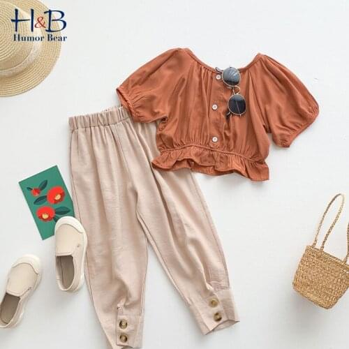 Humor Bear Girls Clothes Set New Summer Short Sleeve Top Top+Button Long Pant 2PCS Cute Toddler Clothes