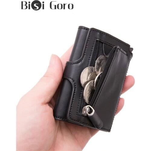 BISI GORO 2021 Top Quality Men Smart Wallet Fashion Button Money Bag Metal Aluminum Auto Pop-up RFID Travel Wallet Coin Purse