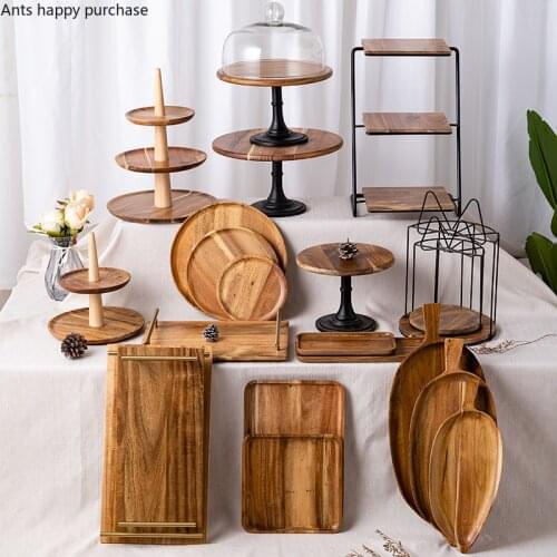 Creative Acacia Wood Dessert Table Wedding Birthday Decoration Props Cake Stand Wooden Fruit Candy Plate Cake Tray Kitchen Tools