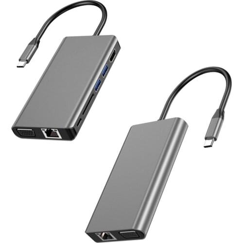Multifunction Type-C Hub 8 In 1 USB3.0 HDMI-Compatible Laptop VGA Rj45 Gigabit Ethernet SD Card Reader PD Charger Dock Adapter