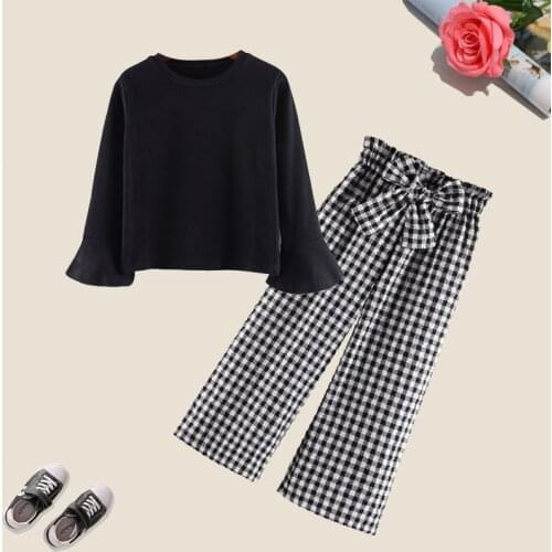 Fashion Baby Girls Clothes Sets Cotton Long Sleeve T-shirts + Plaid Wide Leg Pants 2PC for Kids Clothing Casual Girls Outfits