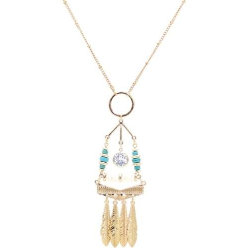 2018 new crystal jewelry circle green white stone long necklace beads leaf tassel necklaces