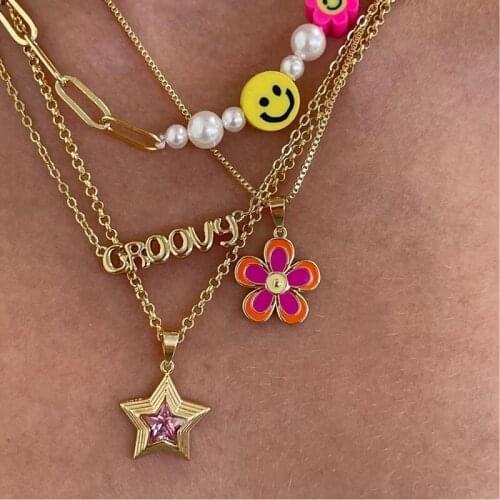 New Hot Sale Ins Copper Inlaid Zircon Shining Star Pendant Necklace Retro Gold Chain for Women Girl Party Jewelry Gifts
