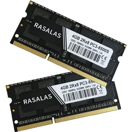 Rasalas DDR3 DDR4 RAM 4GB 8GB PC3- 8500S 10600S 12800S 1066/1333/160Mhz SO-DIMM 1.5V Notebook 204Pin Laptop Memory Sodimm NO-ECC