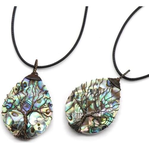 Wholesale abalone shell handmade copper wire making rich tree shell pendant leather rope necklace 18