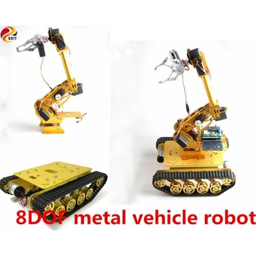 SZDOIT 8DOF Metal Vehicle Robotic 8-axis Robot Arm with Gripper+TS100 Shock Absorbing Tank Chassis Kit Servos Motors for Arduino