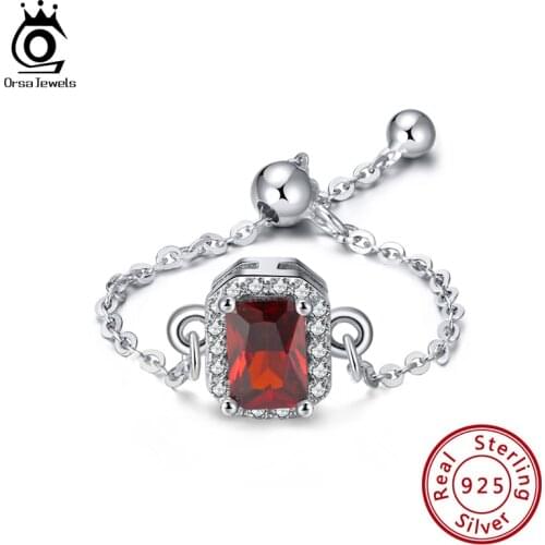 ORSA JEWELS 925 Sterling Silver Rings Dark Red Color Zircon Emerald Master Cutting Adjustable Figner Chain For Girls SR230