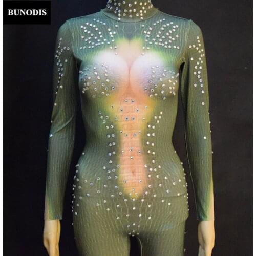 ZD060 Sexy Crocodile Bodysuit Sparkling Crystals Stones Jumpsuit Christmas Celebrate Nightclub Performance Stage Costume Outfit