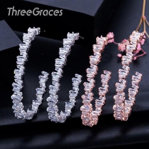 ThreeGraces Irregular Baguette CZ Crystal 925 Sterling Silver Big Rose Gold Hoop Circle Earrings for Ladies Dancing Party ER115