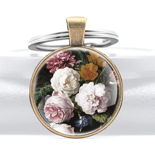 Vintage Bronze Golden Age Flowers Glass Dome Pendant Key Chain Charm Men Women Jewelry Gifts Key Rings
