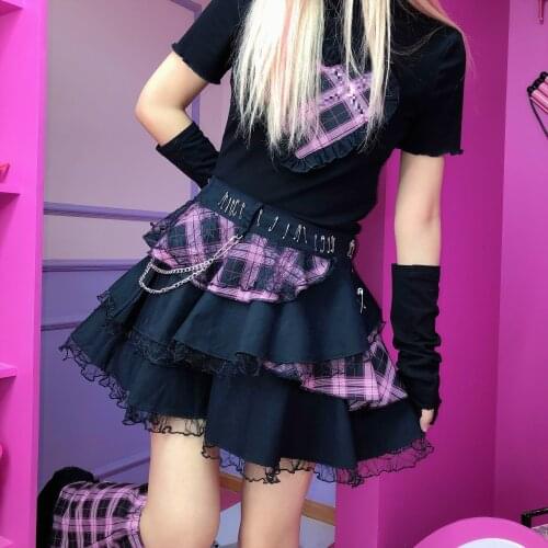 Japanese Harajuku Punk Lace Cake Skirt Pink plaid Sweet soft Girls rock High Waist Mini Kawaii Short Skirts Girls