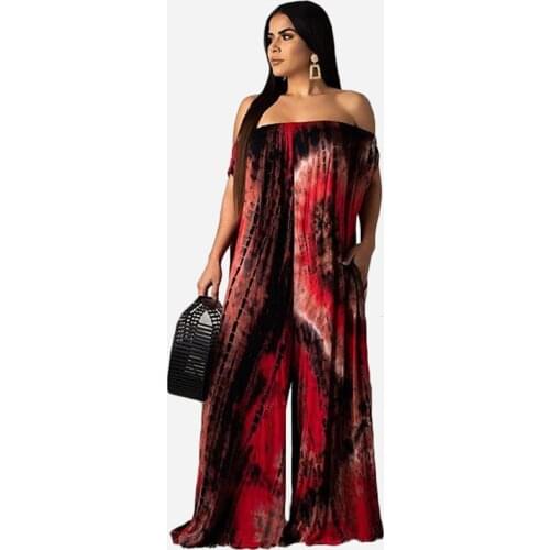Tie Dye Printed Oversized Jumpsuit for Women Bohemian Slash Neck Off Shoulder Sexy Romper Loose Casual Overalls Wide Leg Pants