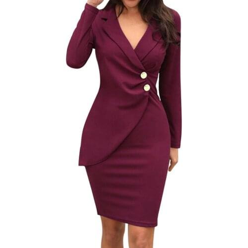 Long Sleeve Elegant Office Lady Dress Solid Turn Down Neck Solid Turn Down Neck Pencil Dress Casaul Work Formal Dress Party