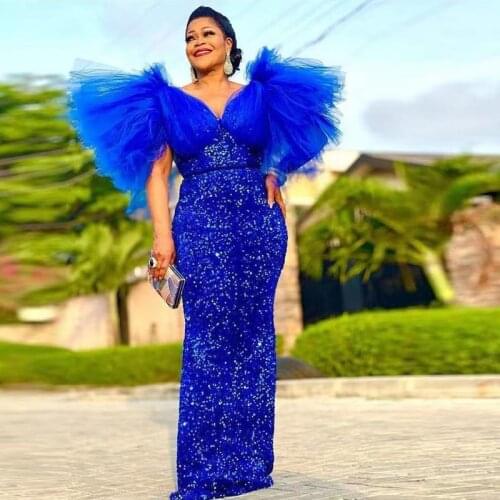 Royal Blue Sequined Mermaid Prom Dresses With Puffy Sleeves Cocktail Party Gowns Evening Dress Plus Size African Women