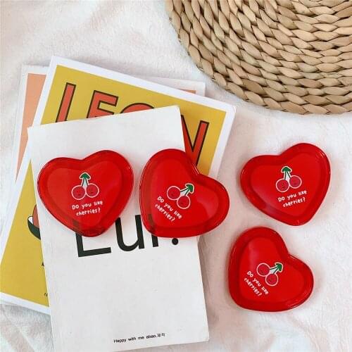 1PCs Mini Portable Makeup Mirror Heart Shaped Cherry Compact Pocket Mirror Double-Sided Folding Cosmetic Mirror T0667