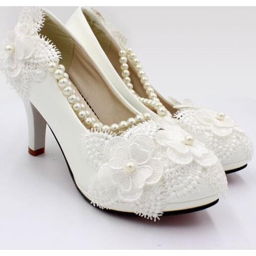 2019 newest design wedding shoes bride 8cm heel pearls elegant lace flower string beads strap comfortable bridal shoe NQ193