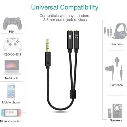 3.5mm Audio Splitter Cable Jack Audio Adapter AUX Cable Jack Cable Stereo Audio Male to 2 Female Headset Mic Cable Adapter