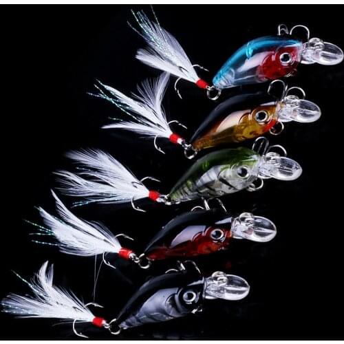 5pcs/lot 3.6cm Artificial Fishing Lures Crank Baits Mini Crankbait With 3D Eyes and Feather