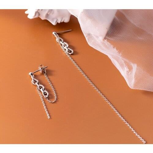 Asymmetry Earrings Authentic Real 100% 925 Sterling Silver fine Jewelry Piercing ear-bone Chain Earrings Tassel Long C-G9367