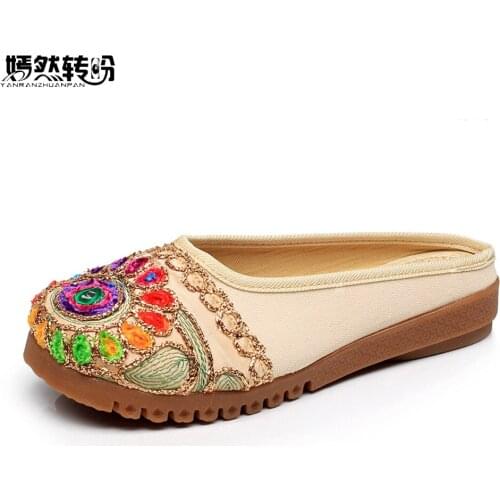 Boho India Women Slippers Thai India Princess Ethnic Embroidered Casual Summer Sandals Handmade Canvas Soft Shoes Zapato Mujer