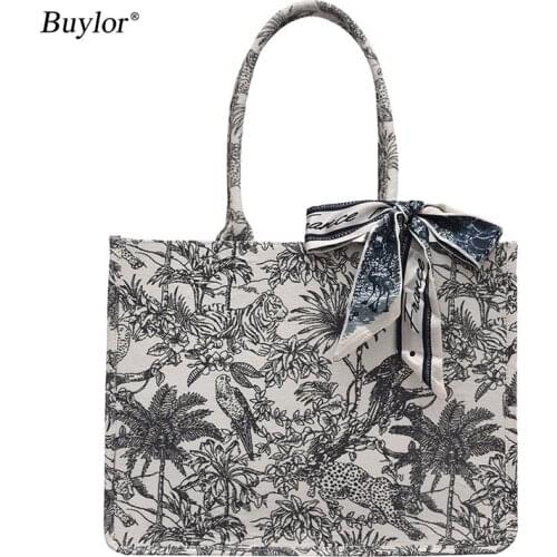 Buylor Shoulder Bag Women Luxury Designer Handbags Soft Canvas Embroidery Crossbody Bags Silk Scarf with Pearls Casual Tote