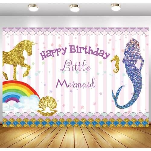 Happy Birthday Gold Unicorn Beauty Mermaid Shadow Photography Background Fish Scales Striped Cake Table Decor Backdrops Banner