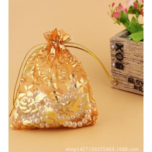 Hot 100 pcs/lot (15X20cm) Gold Rose Organza Gift Drawstring Bag Wedding Party Christmas Gift Jewelry Pouches Candy Packaging Bag
