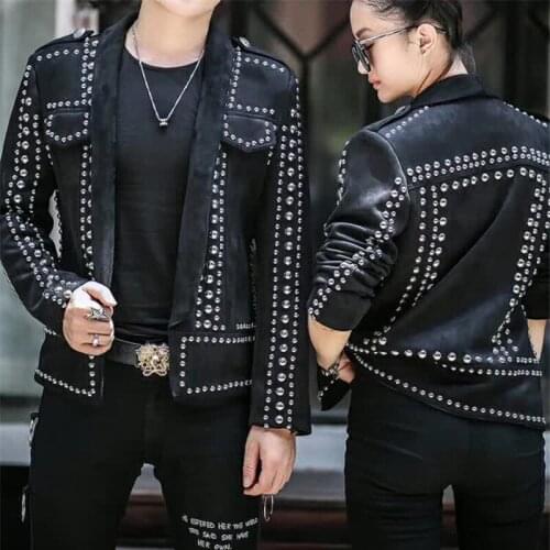 Hot Sell Nightclub men womenCatwalk Models Coat Heavy Industry Pearl Rivet Jacket Men Singer Stage Costumes Plus Size Clothes