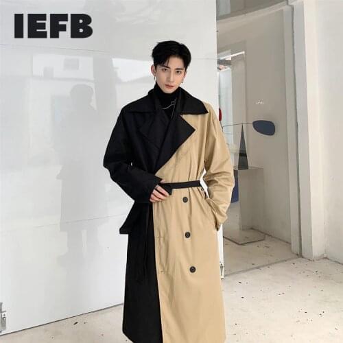 IEFB 2021 Mens clothing Design Windbreaker With Belt Personality Hit Color Patchwork Loose oversize Long Coat Male trech 9Y189