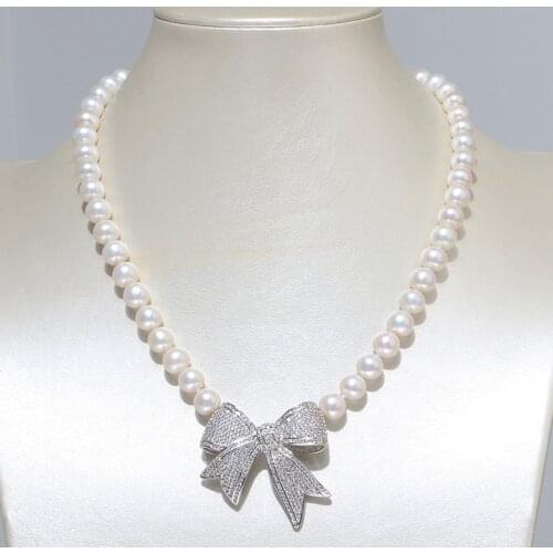8-9mm 20" 8mm White Round Pearl Necklace CZ Bowknot Pendant