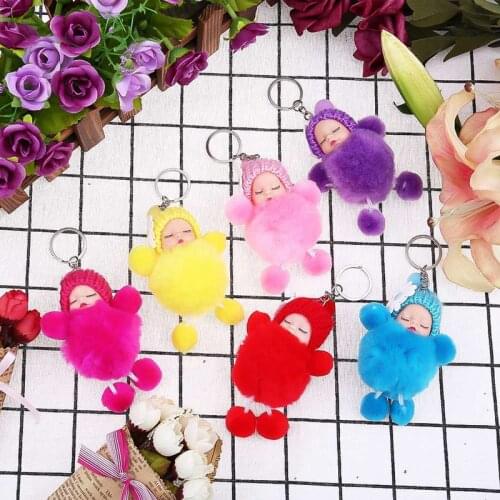 Metal Key Ring Cute Cartoon Colorful Hair Ball Baby Keychain Women Girls Shoulder Bag Holder Figure Charm Doll Toy Keychain