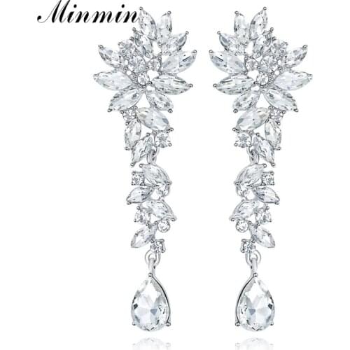Minmin Elegant Cluster Crystal Wedding Bridal Drop Earrings for Women Luxury Teardrop Long Dangle Clip / Pin on Earrings MEH1566