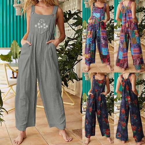 50# Fashion Womens Jumpsuit Floral Prints Straps Bodysuit Wide Leg with Pockets Vintage Playsuit femme комбинезон женский