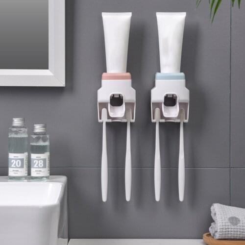 Wall Mount Bathroom Automatic Toothpaste Dispenser Waterproof Toothbrush Holder Punch Free Rack Kawaii Bathroom Accessories
