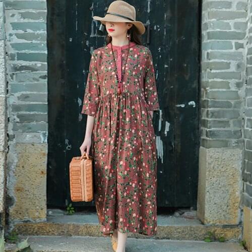 2021 New Arrival Fashion Print Floral Prairie Chic Vintage Dress Linen Cotton Spring Summer Dress Women Holiday Casual Dress