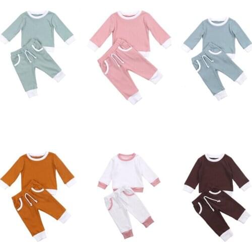 0-4Y Toddler Baby Boys Girls Autumn Clothing Newborn Kids Baby Girls Ribbed Knitted Long Sleeve T-shirts+Pants Tracksuits Sets