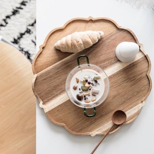 Japan Style Acacia Wood Storage Tray Creative Retro Flower Edge Tea Tray Entrance Tray for Coins/Keys Eco Fruits/Desserts Plate