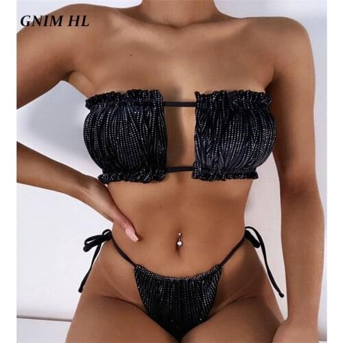GNIM Sexy Black Swimwear Women Bandage Micro Bikini Set 2021 Fold Thong Swimsuit Female 2 Piece Backless Swimming Suit For Women