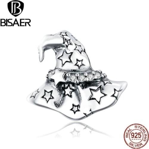 BISAER Halloween Witch Hat Charms 925 Sterling Silver Pendant Mysterio Beads Fit DIY Bracelet Necklace For Women Jewelry