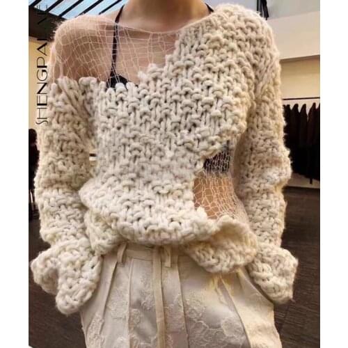 SHENGPALAE Fashion Chic Hollow Out Sweater Womens Autumn 2021 New Round Neck Loose Long Sleeve Knitted Pullovers Female 5E3541
