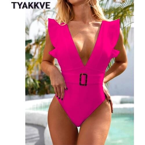 TYAKKVE 2021 Sexy Deep-V One Piece Swimsuit Female Women Vintage Retro Bathing Suit High Cut Ruffle Swimwear Backless Monokini