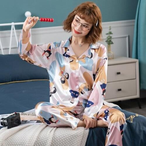 Spring 2021 new silk long-sleeved trousers ladies pajamas suit simple style long pajamas womens home service