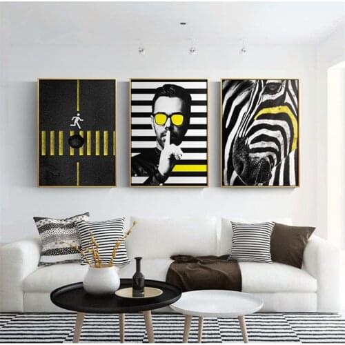 Yumeart Mordern Man and Zebra Posters Prints Wall Art Canvas Painting Yellow Nordic Style Decorative Picture For Living Room
