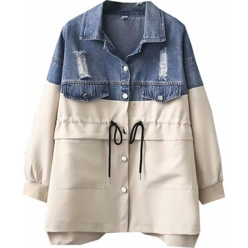 2021 Jeans Jacket Women Clothes Drawstring Denim Coat Harajuku Patchwork Plus Size Jackets Long Sleeve Windbreaker Female