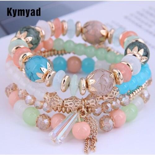 Kymyad 4pcs/set Bohemia Bracelets Crystal Stone Bracelets For Women Bijoux Tassel Chains Charm Beaded Bracelet Femme Jewelry