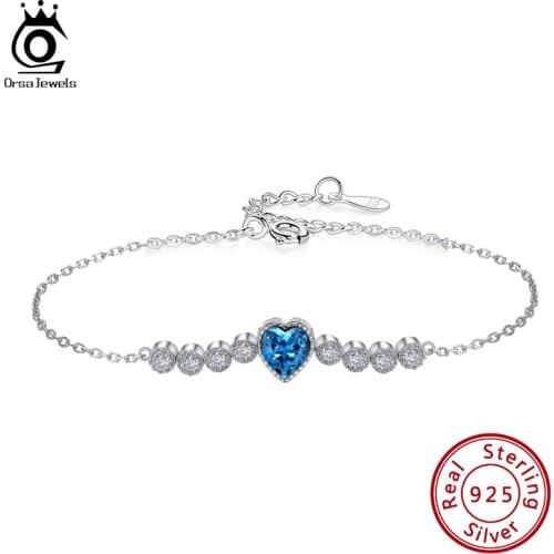 ORSA JEWELS 925 Sterling Silver Elegant Heart Shape Blue Austrian Crystal Bracelets for Women Female Hand Chain Jewelry SWB09