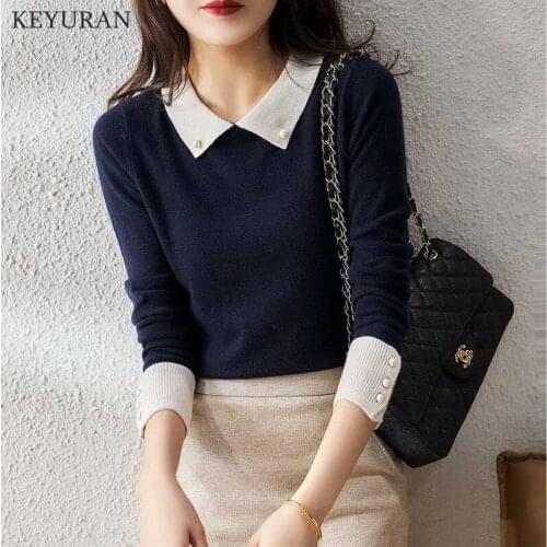 Vintage Pearl Beading Turn-down Collar Pullover Sweater Women Long Sleeve Patchwork Pull Sexy Femme Elegant Knitwear Tops Jumper