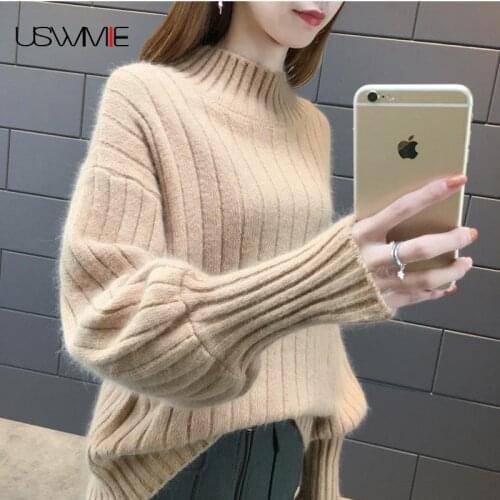 2020 Winter Sweater Women Fashion Simple Lantern Sleeves High Collar Solid Color Knitting Bottom Comfort Joker Pullovers USWMIE