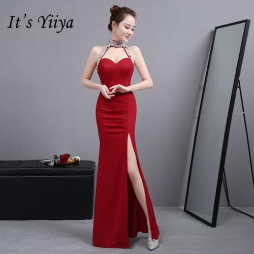 Its YiiYa New Sexy Halter Sequined Mermaid Dresses Vestidos Charming Split Trumpet Evening Gowns H021
